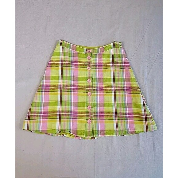 H & M Knee Skirt Pink Green Plaid Linen Blend Lined Buttons Cottage Barbiecore - Picture 1 of 16